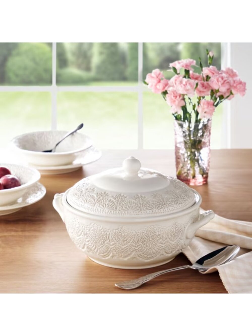 The Woman Pioneer Home Off-White Intricate Vintage Lace Linen Stoneware Tureen